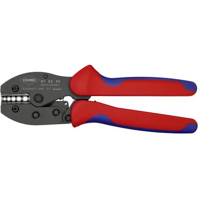 A red and blue crimping pliers with a black head. Designed for crimping cable connections.
