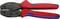 Hand crimping pliers with red and blue handles for crimping cable lugs.