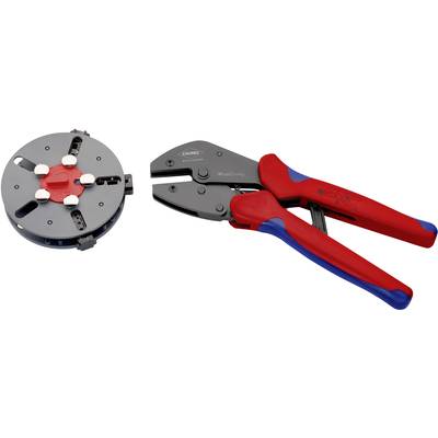 'Knipex Twistor16 crimping pliers' alongside an accessory, red and blue handles, tool for cable processing.