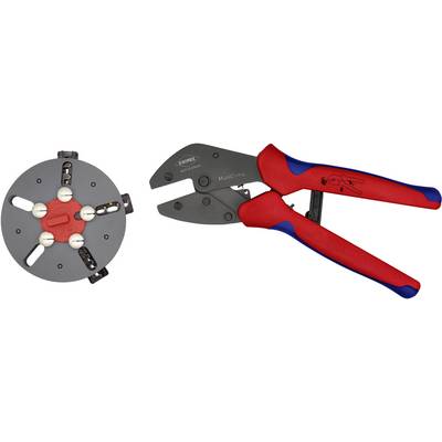 A red and blue crimping pliers by the brand 'KNIPEX' next to a grey crimping tool attachment with multiple slots.