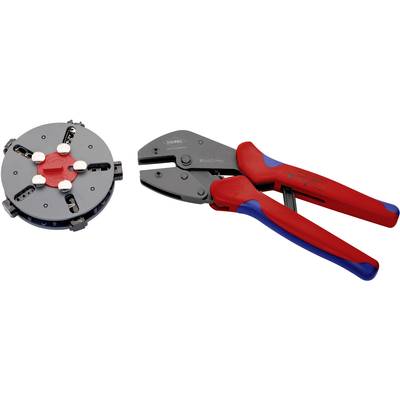 Crimping pliers with interchangeable head, suitable for electrical cable connections and connectors, on a white background.