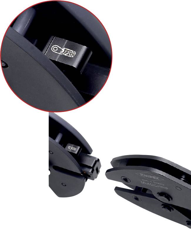 Close-up of a cable installation tool with an open clamp. Clear depiction of the internal mechanism and a symbol on the clamp.