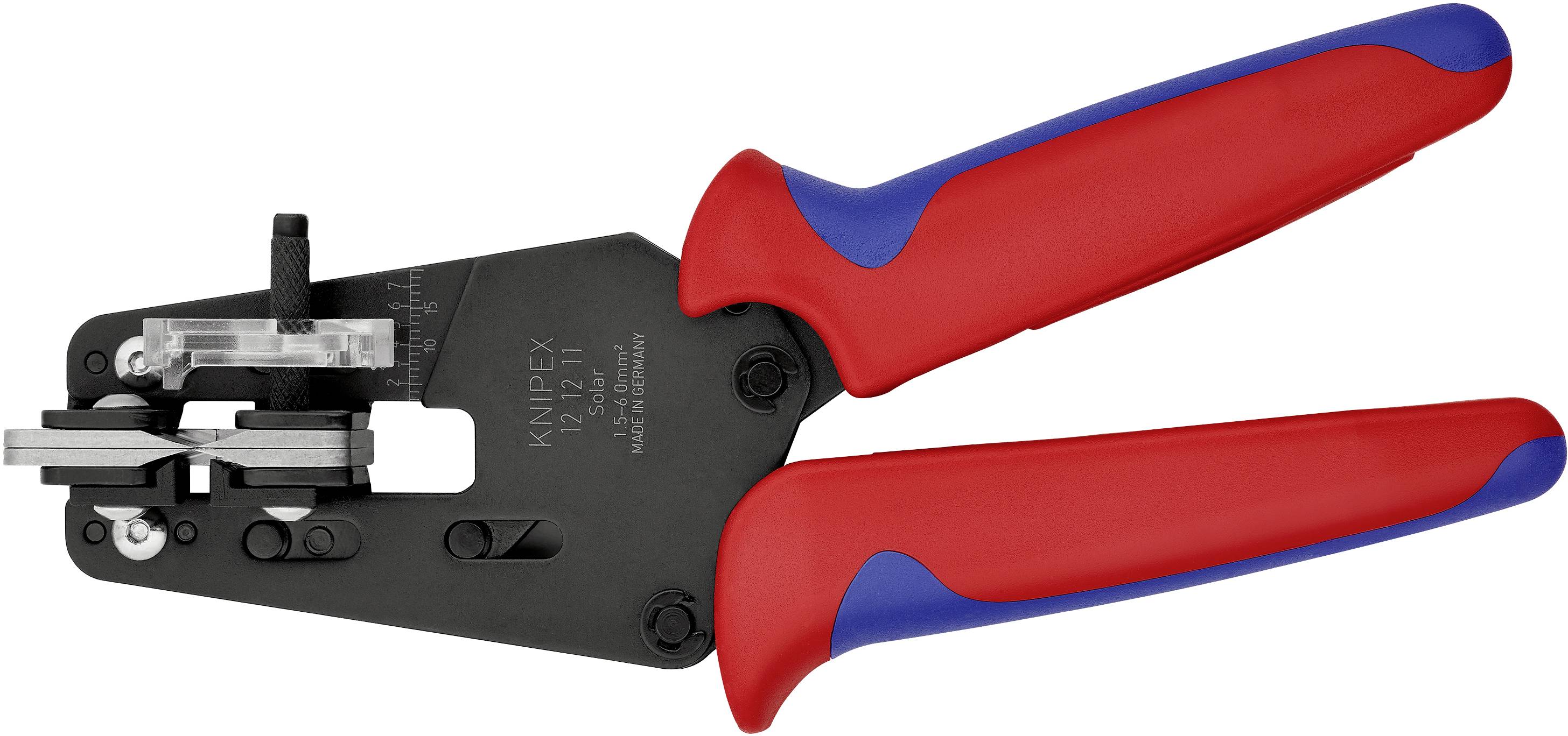 Crimping pliers for RJ45 connectors, black with red handles, slim design, suitable for network cable work.