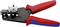 A crimping pliers with red and blue handles for stripping and cutting cables, against a white background.