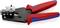 A red and blue crimping pliers used for connecting cables. Suitable for electrical work with insulated connectors.