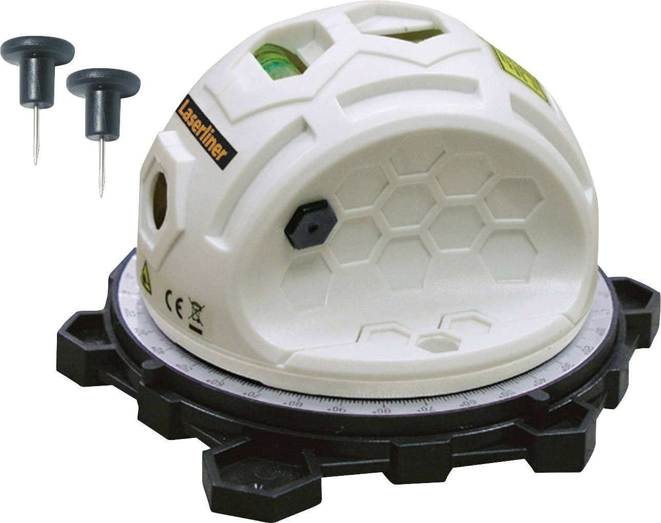 A white, spherical building laser level with a hexagonal pattern, mounted on a black base stand. Two drawing pins are lying beside it.