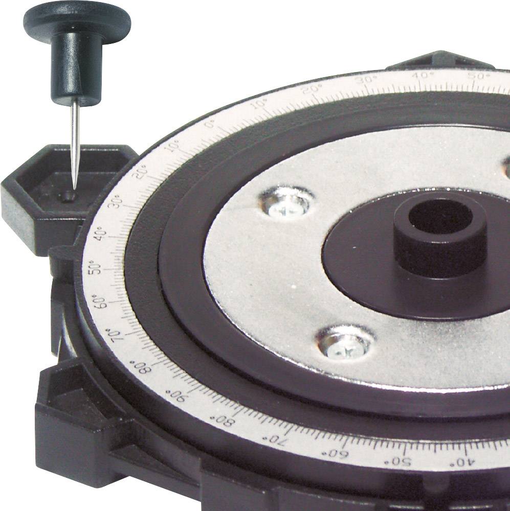 Rotary table with angle scale, 0-360° display, black pin pointing to approximately 52.5°, used for precise angle measurement.