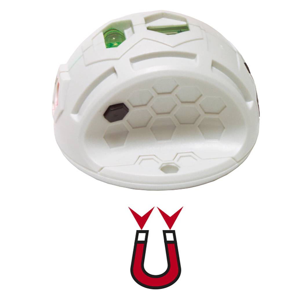 A white, hemispherical robot with a hexagonal pattern, with a magnet symbol above it. Suitable for representing magnetic interaction.