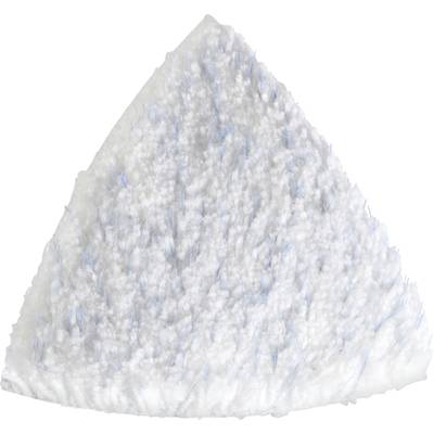 A white, triangular microfibre cloth with blue fibres, used for cleaning surfaces.