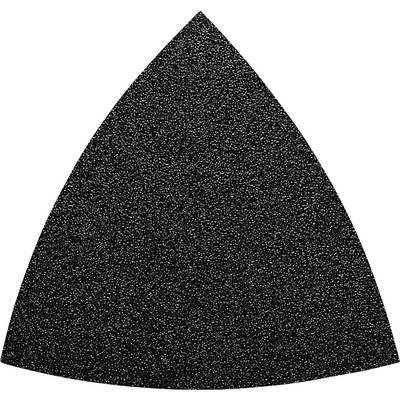 Black, triangular sandpaper shape with fine grit, primarily used for woodworking or metalworking.