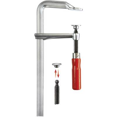 A metal G-clamp with a red handle. An arrow demonstrates the rotational mechanism for clamping.