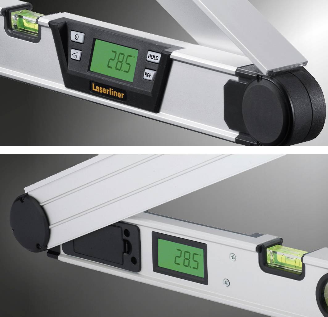 Digital protractor with a green display showing '28.5' degrees. The tool has a spirit level and is placed on a grey surface.