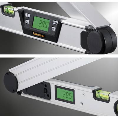 Digital protractor with a green display showing '28.5' degrees. The tool has a spirit level and is placed on a grey surface.