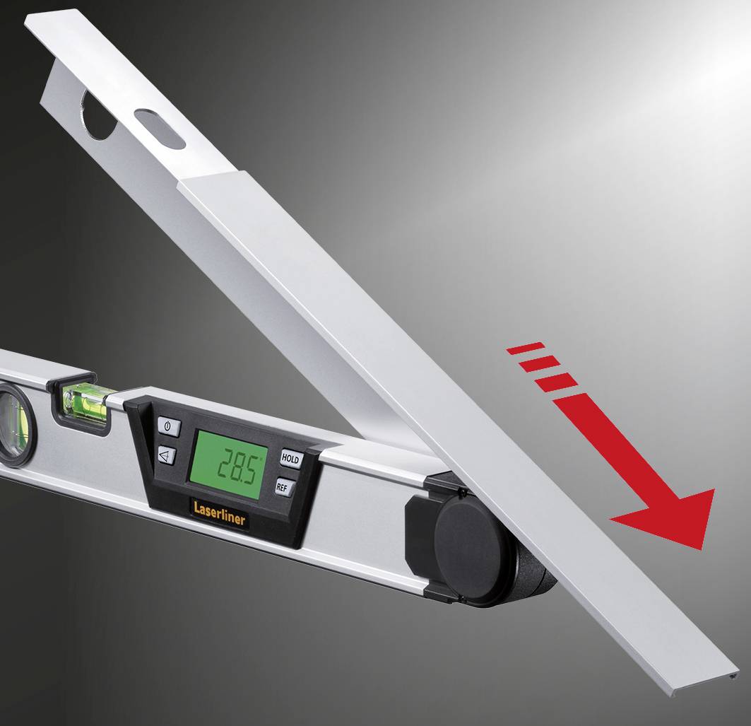 Digital inclinometer measures the angle of a metal beam, display shows '28.5', red arrow indicates slope.