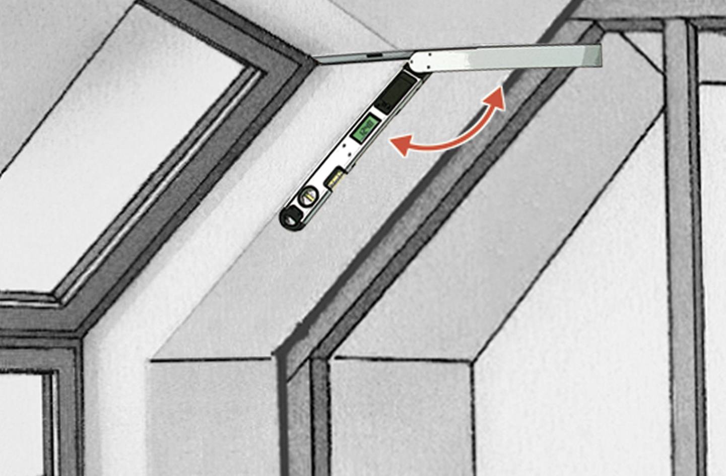A digital protractor measures the angle between two walls in a building. A red arrow indicates the rotation function.