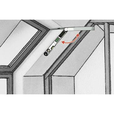 A digital protractor measures the angle between two walls in a building. A red arrow indicates the rotation function.