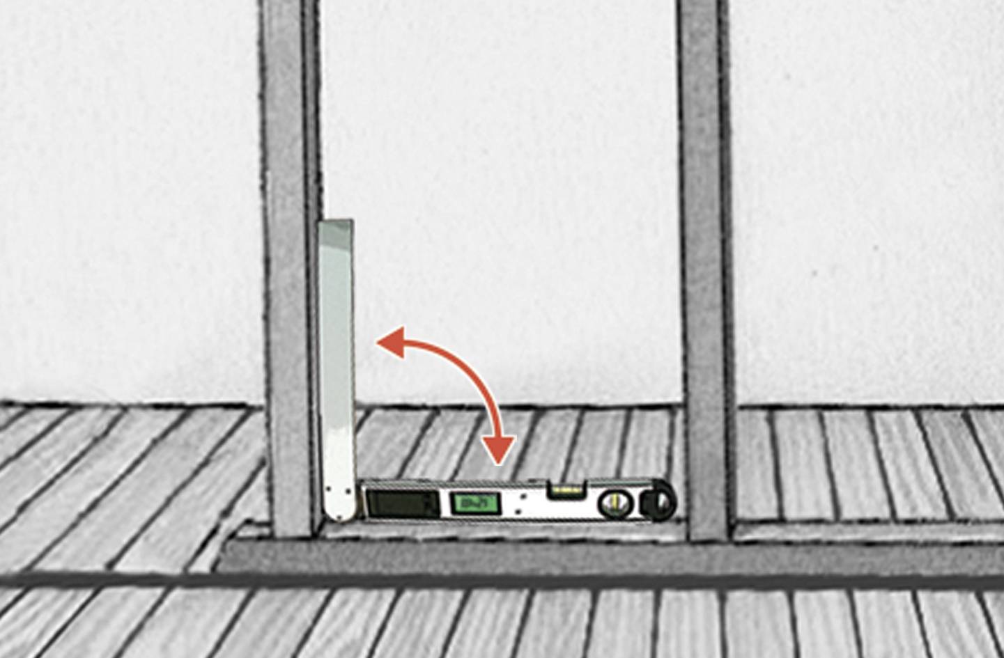 'Illustration of a digital inclinometer on a frame showing vertical and horizontal alignment.'