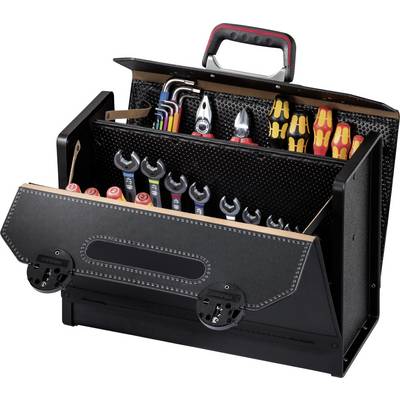 Tool case with handle, opened, showing various tools such as spanners, pliers and screwdrivers in compartments.
