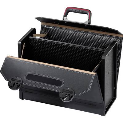 A black, open briefcase with a handle is shown, containing two large compartments for documents or office supplies.