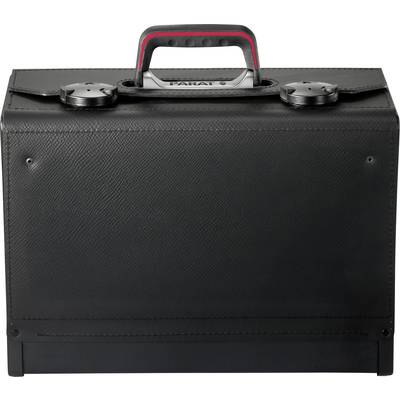 Black tool case with a red handle and silver clasps, with 'PARAT' written on it.