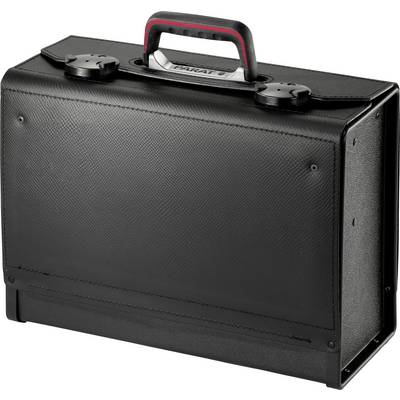 Black, robust suitcase with a red handle and metal corners. Suitable for secure storage and transportation of items.