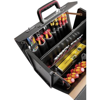 An open toolbox with various screwdrivers, pliers, spirit level and other hand tools organised in compartments.