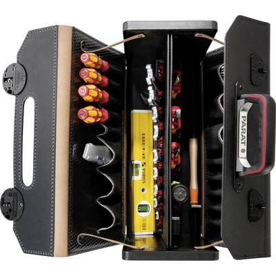 Open toolbox with screwdrivers, spirit level and other electrical work tools. 'Parat' marking visible inside.