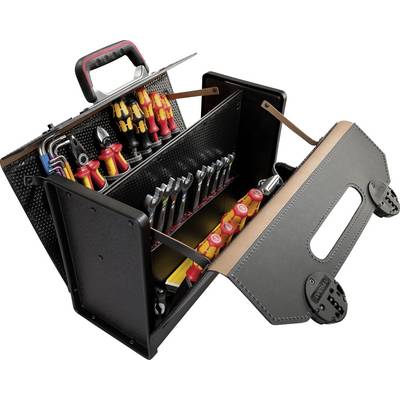 Leather tool case with the main compartment open, filled with screwdrivers and other tools in various sections.
