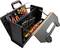 Leather tool case with the main compartment open, filled with screwdrivers and other tools in various sections.