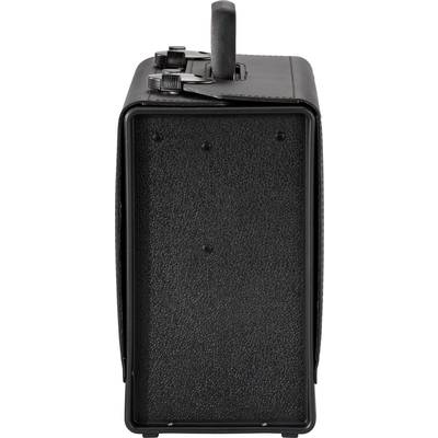 A black suitcase, side view. Handles and buckles visible at the top.