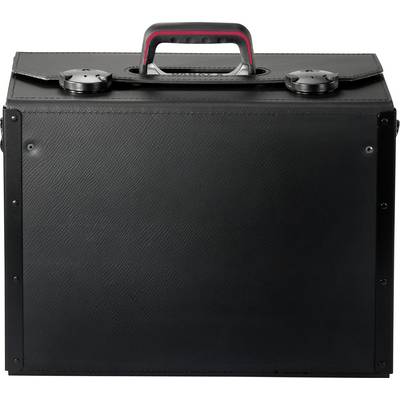 Black suitcase with handle on top, two small wheels and sturdy corners, standing upright.
