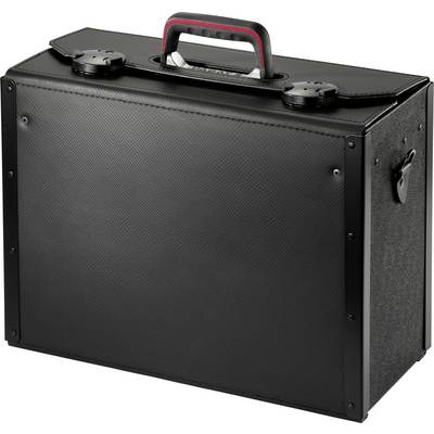 A black, rectangular transport case with a sturdy handle on top, suitable for the secure transportation of delicate items.