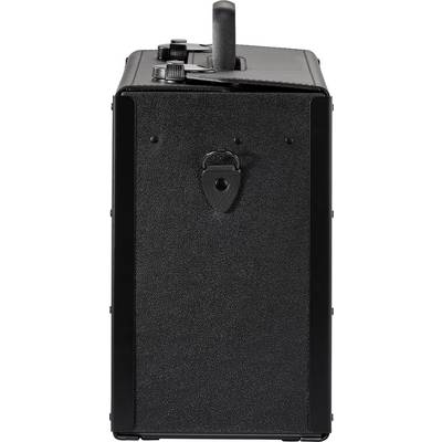 A rectangular black speaker shows the side view with a handle on top.