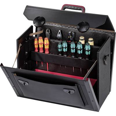 An open toolbox with several screwdrivers and pliers. The tools are neatly arranged and clearly visible.