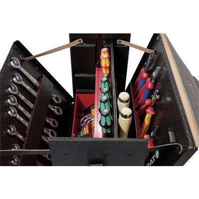 Toolbox with various tools: spanners, screwdrivers, pliers, hammers. Professionally arranged, displayed openly.