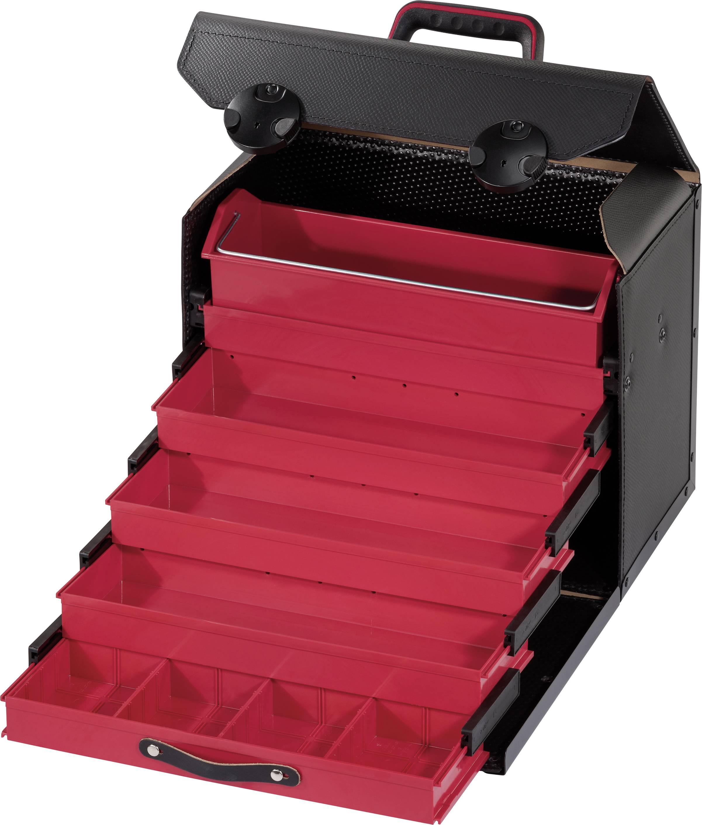 An opened, black toolbox with multiple red drawers, designed for storing small parts or tools.