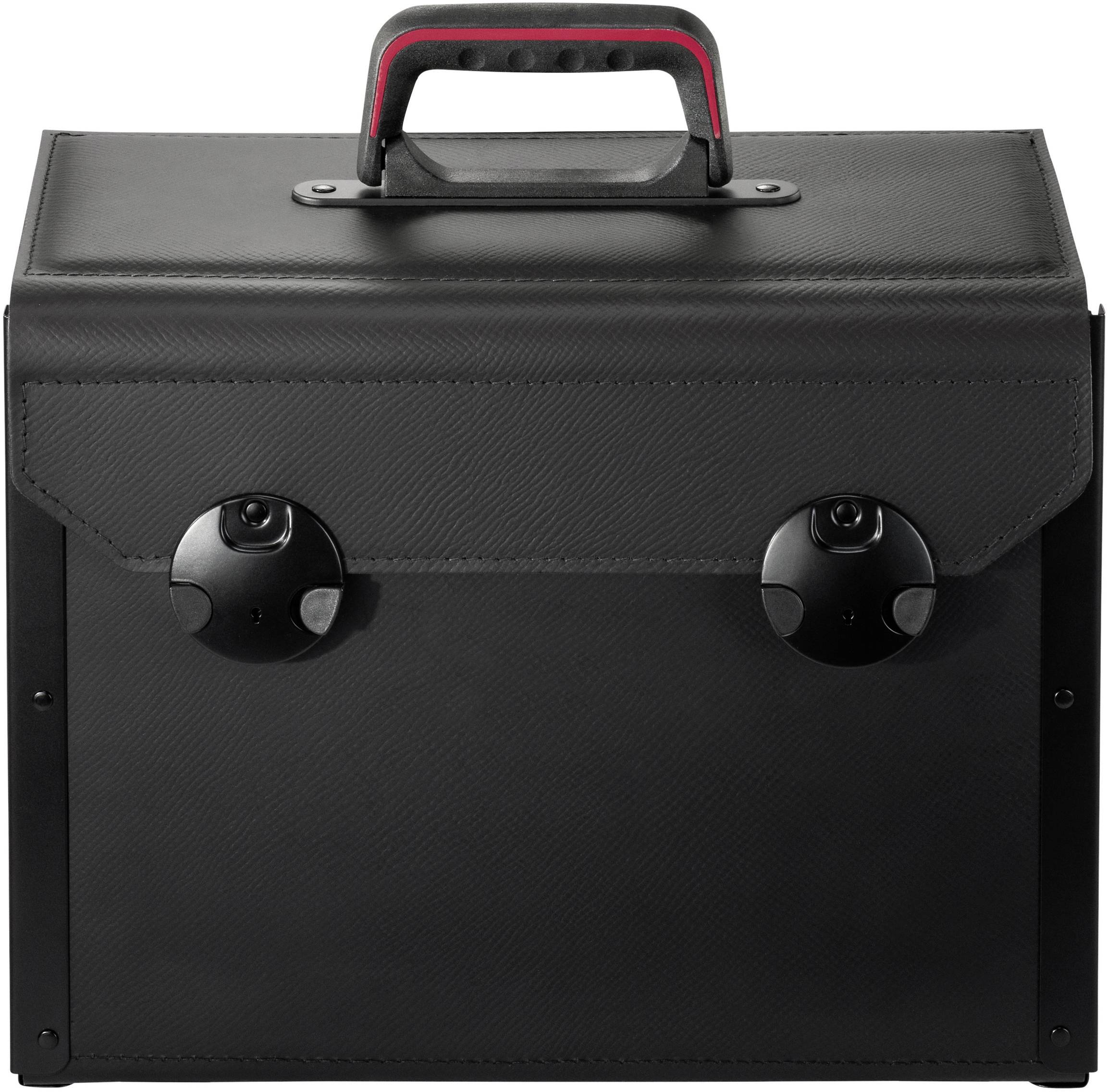 A black briefcase with a red handle and two round locks, large enough for important documents and files.