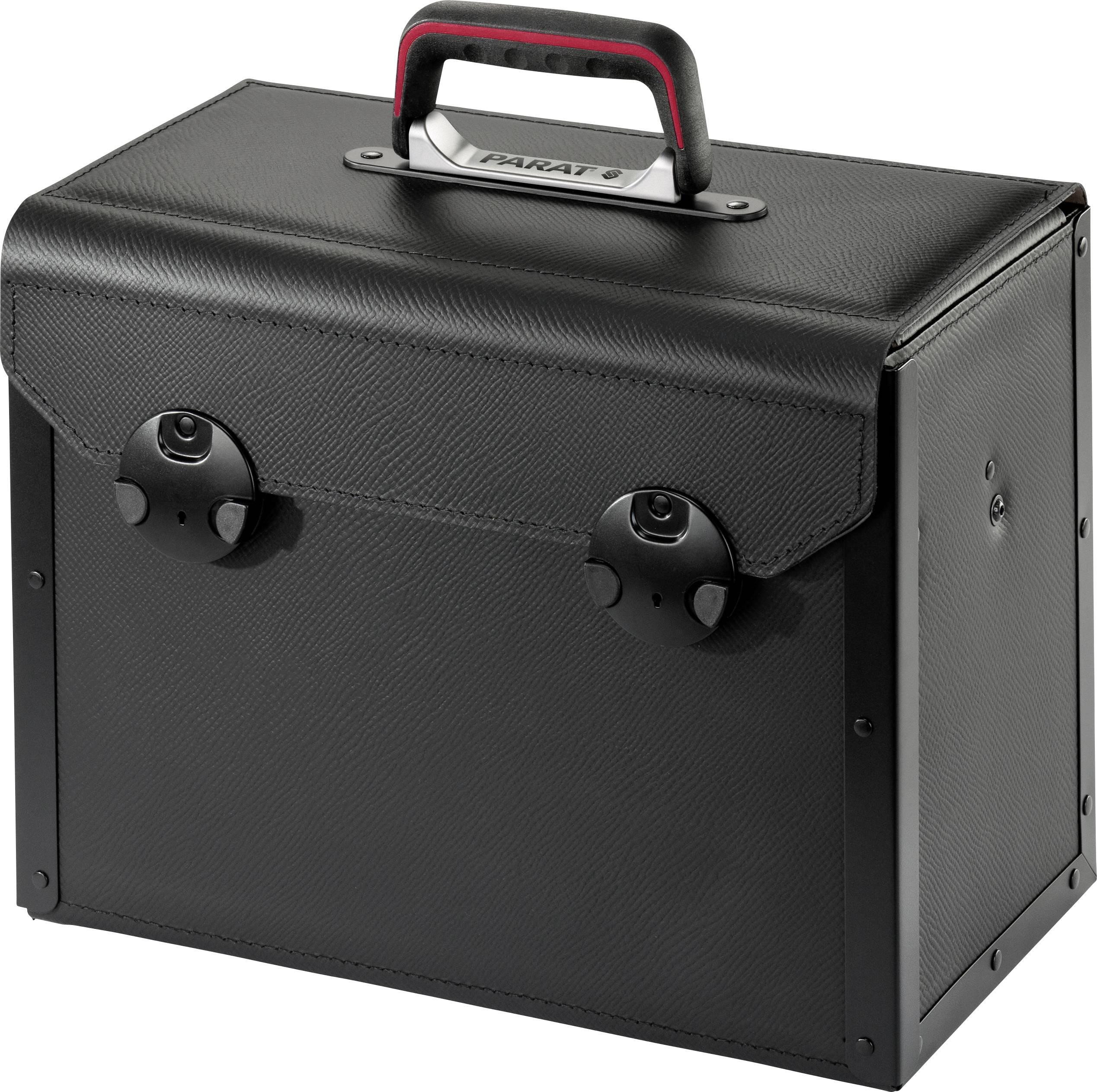 Black, rectangular suitcase with a handle, two turn locks and an embossed surface.