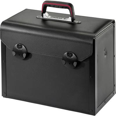Black, rectangular suitcase with a handle, two turn locks and an embossed surface.