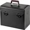 Black, rectangular suitcase with a handle, two turn locks and an embossed surface.