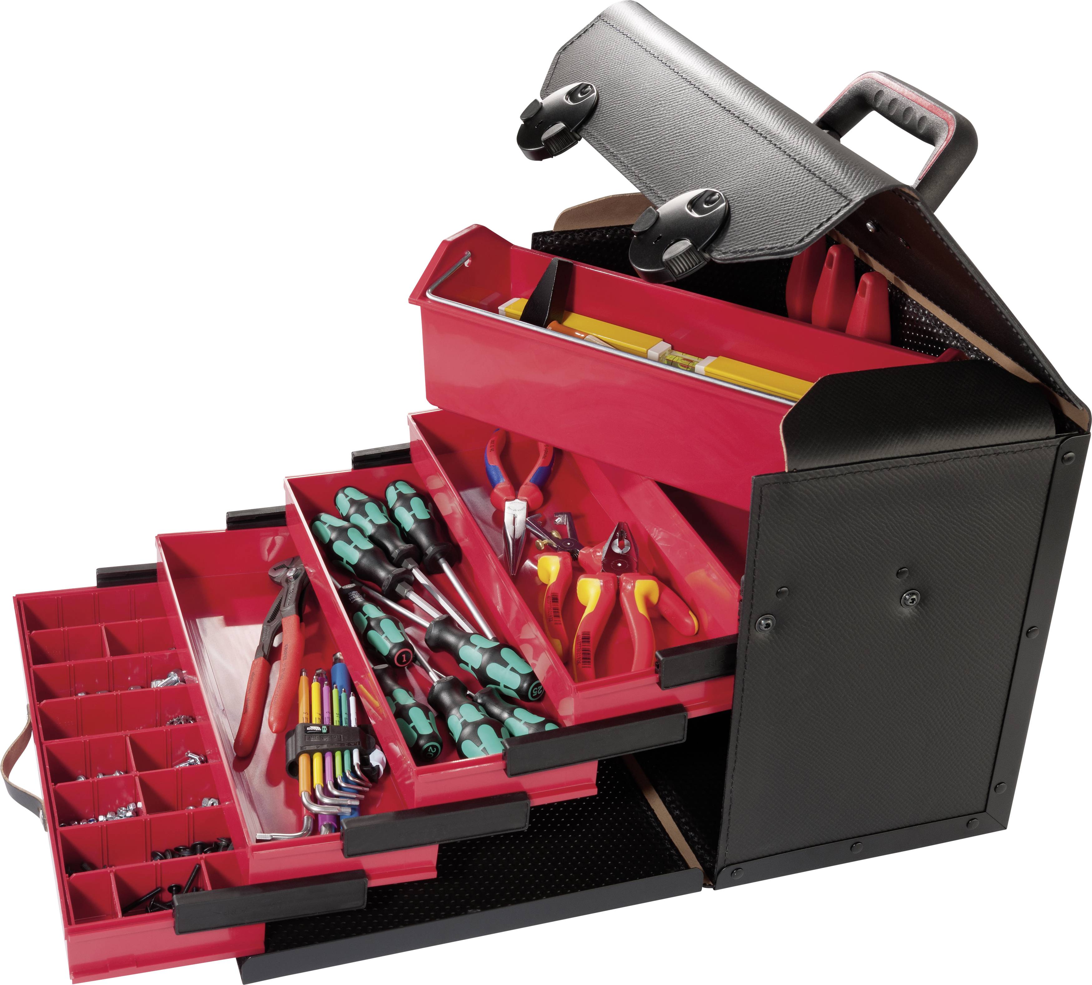Red multi-level toolbox filled with various tools such as screwdrivers, pliers, and Allen keys.