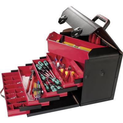 Red multi-level toolbox filled with various tools such as screwdrivers, pliers, and Allen keys.