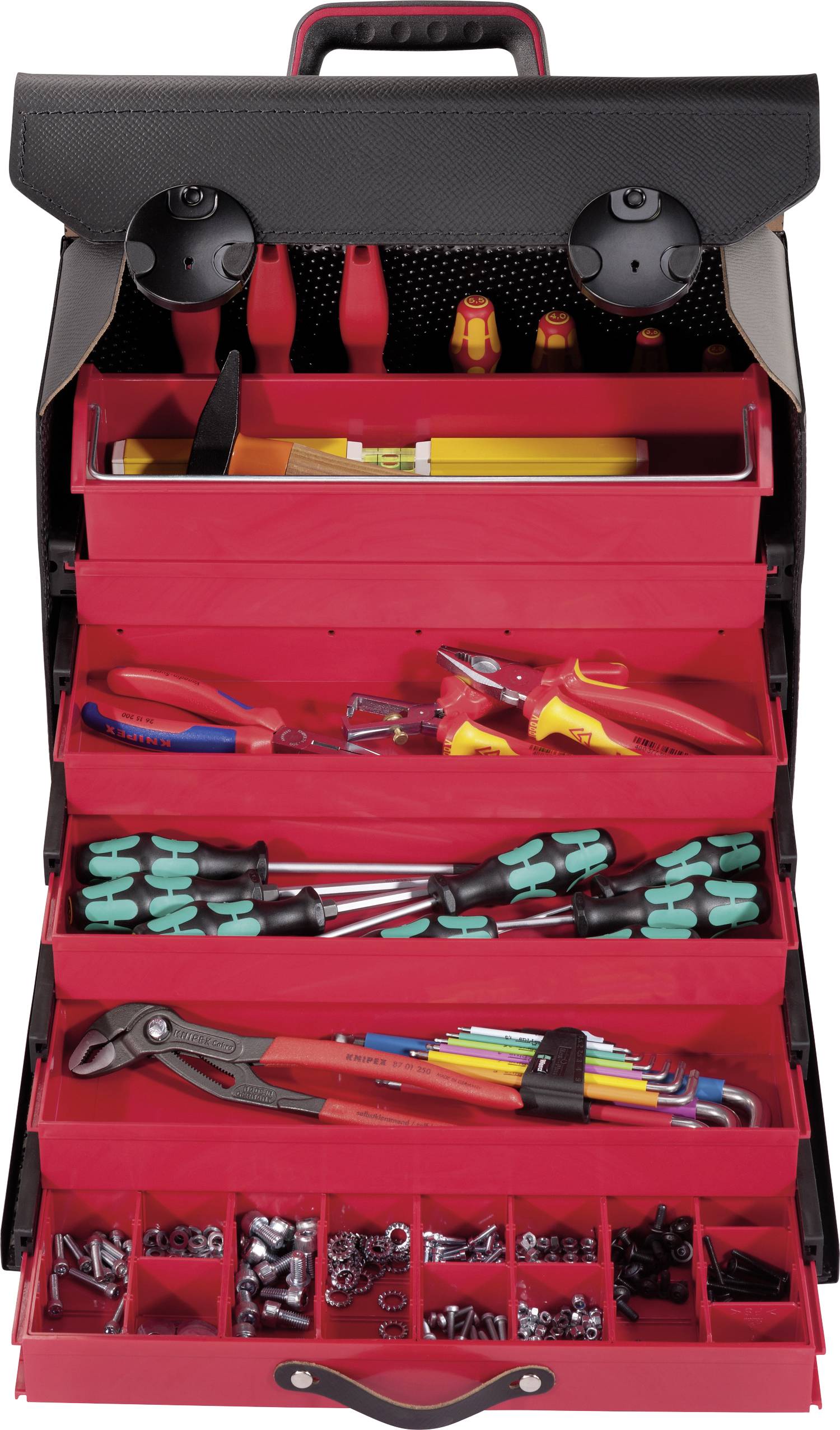 An open toolbox with multiple compartments, filled with screwdrivers, pliers, cables, and screws.