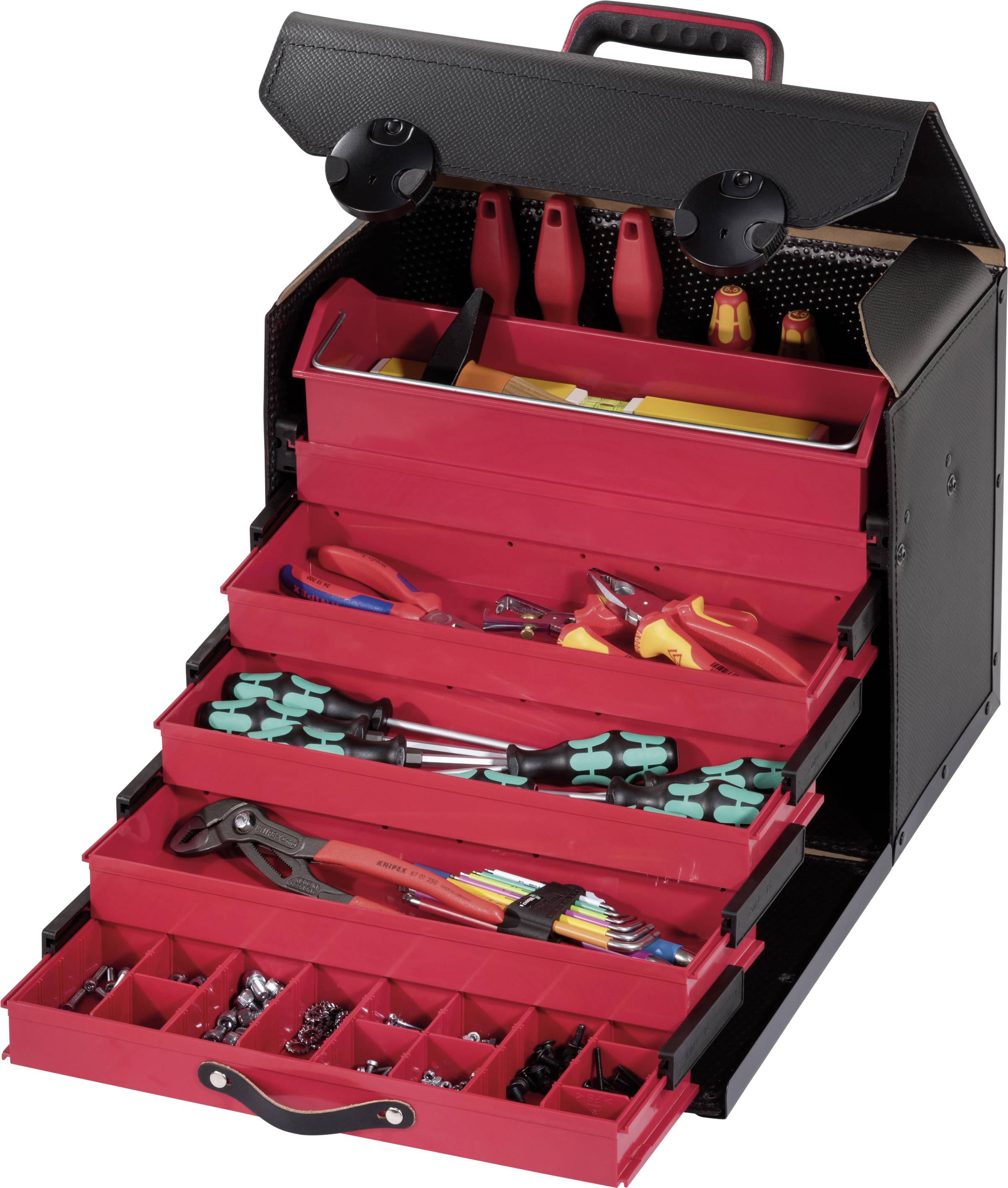 Toolbox with open drawers, filled with various tools such as screwdrivers, pliers and screws.