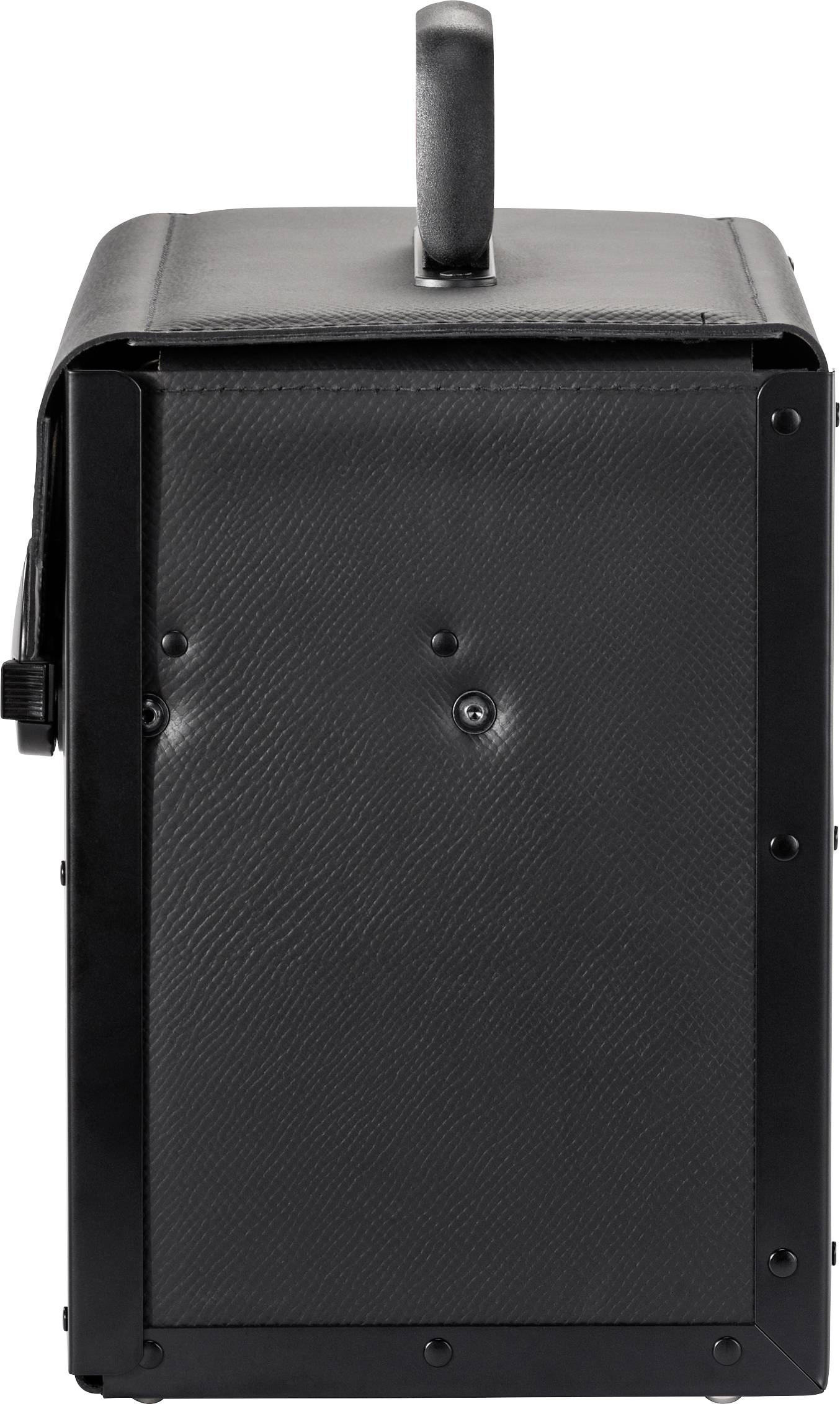 Black leather bag with handle on top, side view.