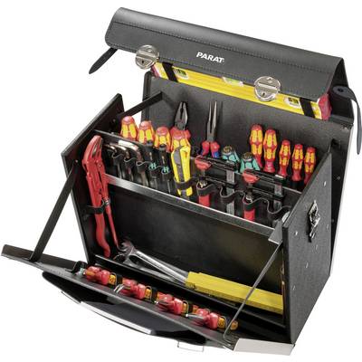 Black tool case with an open lid, displaying various colourful tools such as screwdrivers, pliers and spirit level.