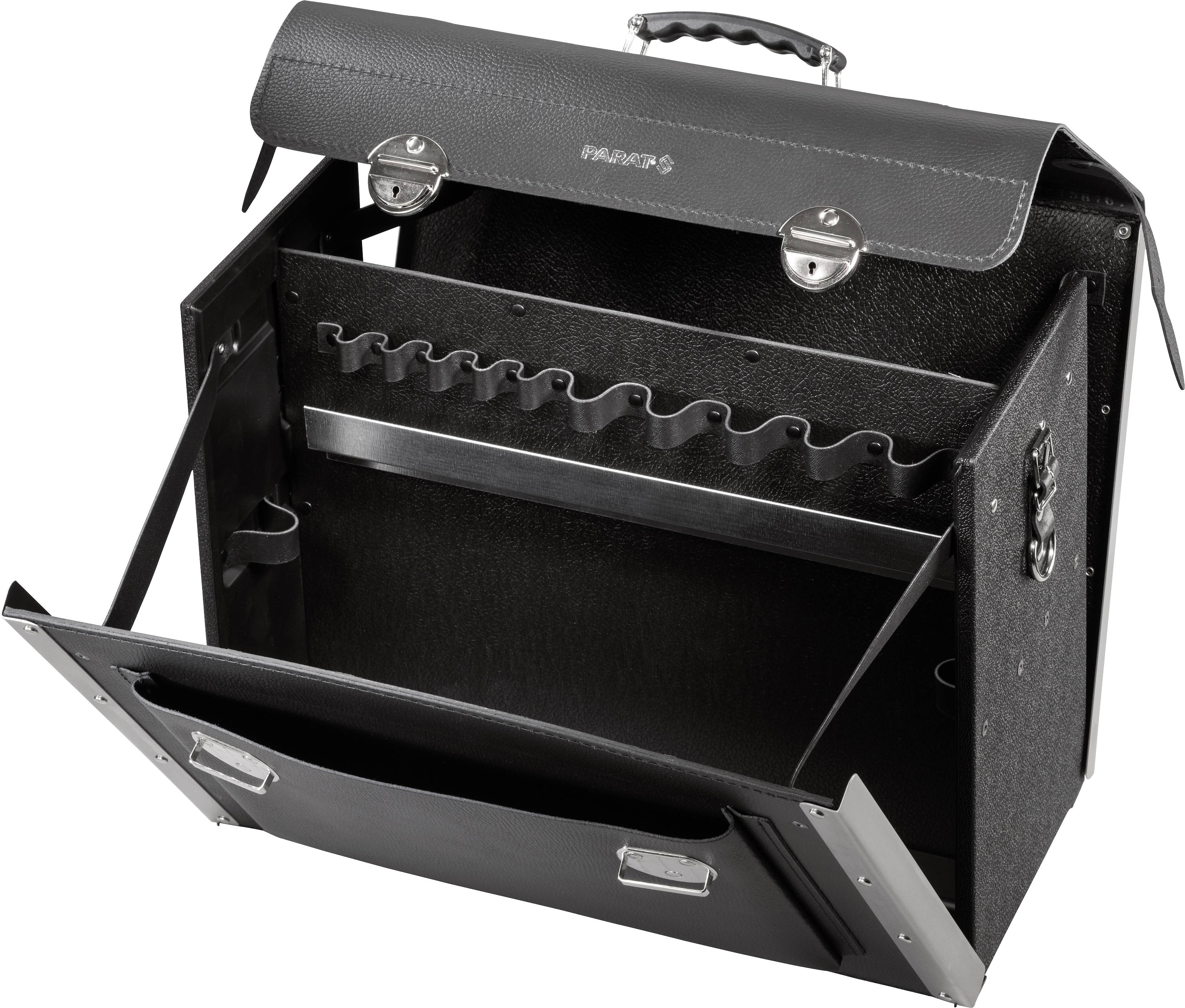 Black, open leather tool case with multiple compartments and holders for tools, standing upright.