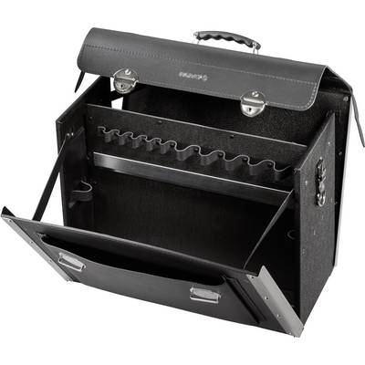 Black, open leather tool case with multiple compartments and holders for tools, standing upright.