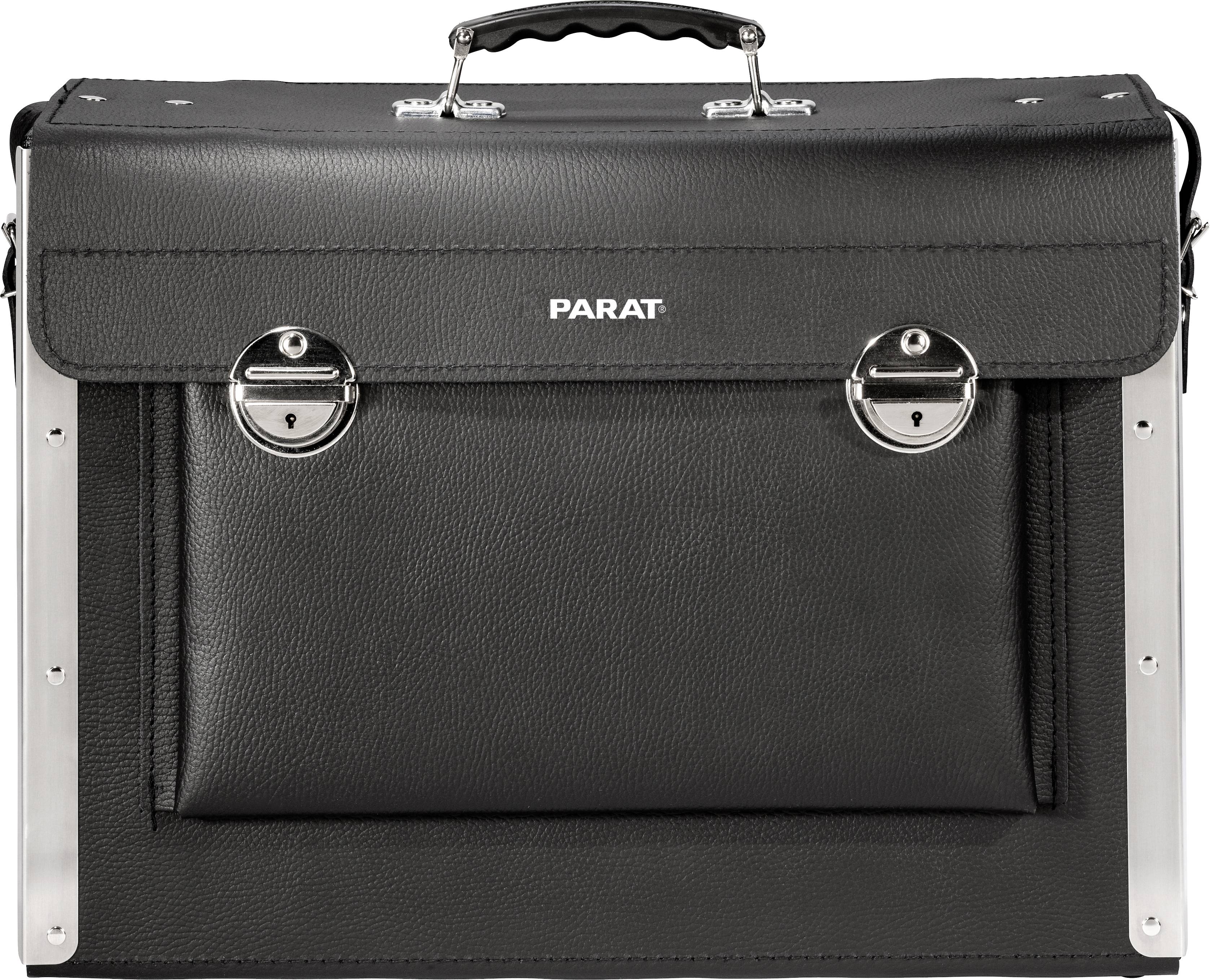A black, rectangular leather briefcase with a handle, metal fittings, and the inscription 'PARAT' on the front.