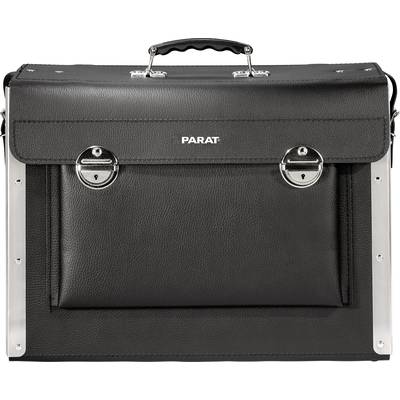 A black, rectangular leather briefcase with a handle, metal fittings, and the inscription 'PARAT' on the front.